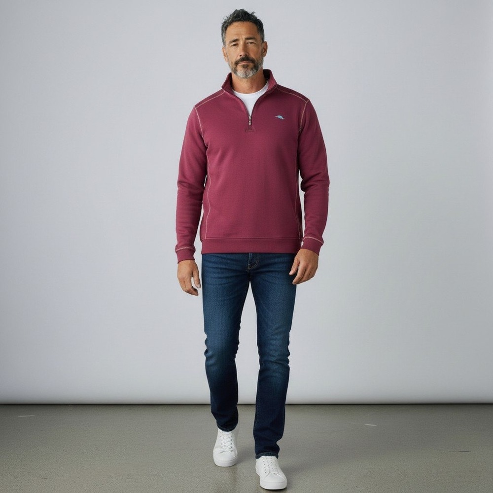 Tommy Bahama Relax Pullover XL Burgundy Quarter Zip Ribbed Marlin Logo Sweater